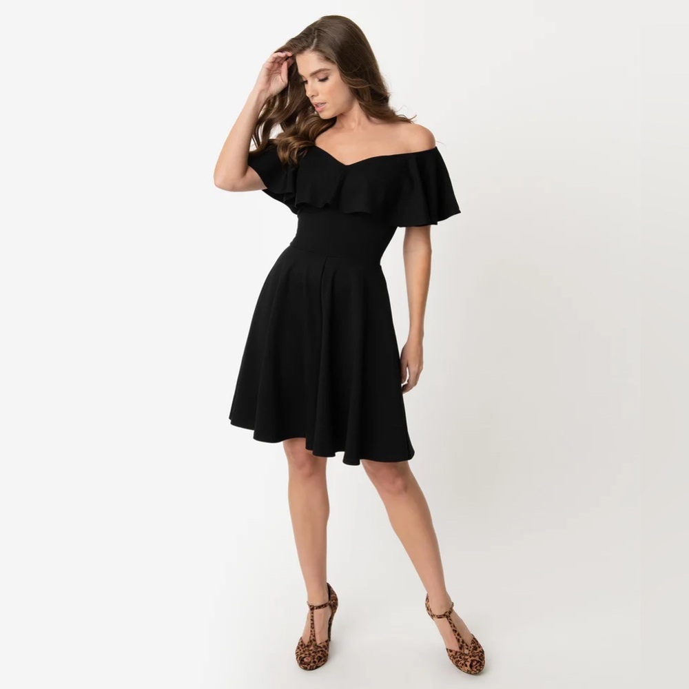 Unique Vintage Off-Shoulder Ruffle Fit & Flare Dress - Black (NWT, US 4)